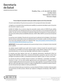 Puebla, Pue., a 21 De Abril De 2021 B-096/2021 Vacunación Masiva Tercera Etapa