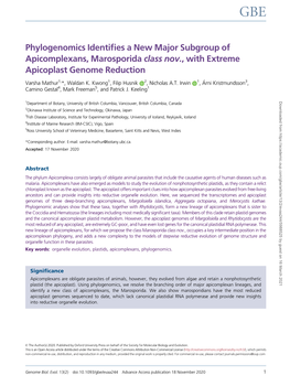 Phylogenomics Identifies a New Major Subgroup of Apicomplexans