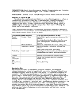 Sandy Beach Ecosystems: Baseline Characterization and Evaluation of Monitoring Metrics for Mpas Along the South Coast of California