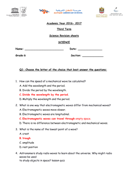 Academic Year 2016- 2017 Third Term Science Revision Sheets SCIENCE Name: Date: Grade