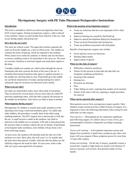 Myringotomy Surgery with PE Tube Placement Perioperative Instructions