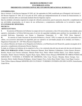 Decreto Supremo N° 3232 Evo Morales Ayma Presidente Constitucional Del Estado Plurinacional De Bolivia