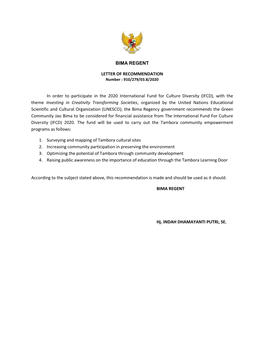 BIMA REGENT LETTER of RECOMMENDATION In