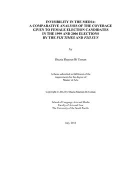 Invisibility in the Media: a Comparative Analysis of the Coverage Given to Female Election Candidates in the 1999 and 2006 Elections by the Fiji Times and Fiji Sun