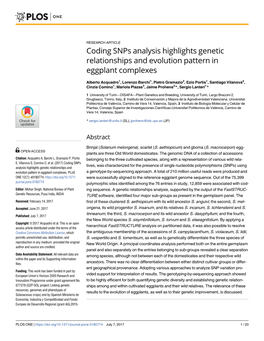 Coding Snps Analysis Highlights Genetic Relationships and Evolution Pattern in Eggplant Complexes
