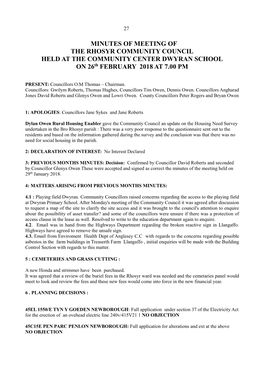 MINUTES of MEETING of the RHOSYR COMMUNITY COUNCIL HELD at the COMMUNITY CENTER DWYRAN SCHOOL on 26Th FEBRUARY 2018 at 7.00 PM