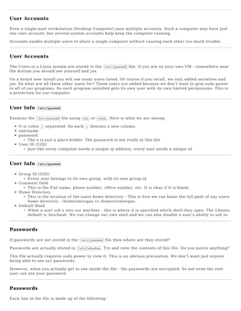 User Accounts User Accounts User Info /Etc/Passwd User Info /Etc