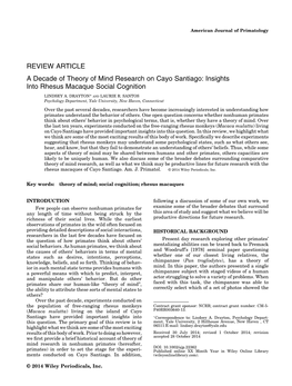 A Decade of Theory of Mind Research on Cayo Santiago: Insights Into Rhesus Macaque Social Cognition