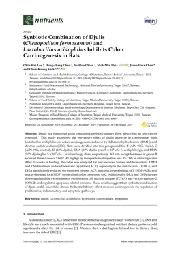 Synbiotic Combination of Djulis (Chenopodium Formosanum) and Lactobacillus Acidophilus Inhibits Colon Carcinogenesis in Rats