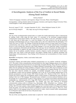 A Sociolinguistic Analysis of the Use of Arabizi in Social Media Among Saudi Arabians