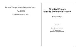 Directed Energy Missile Defense in Space April 1984