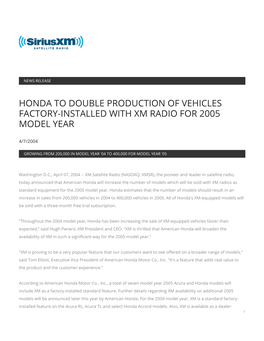 Honda to Double Production of Vehicles Factory-Installed with Xm Radio for 2005 Model Year