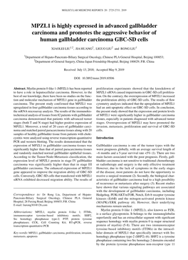 MPZL1 Is Highly Expressed in Advanced Gallbladder Carcinoma and Promotes the Aggressive Behavior of Human Gallbladder Carcinoma GBC‑SD Cells