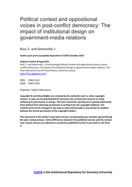 Title: “Political Contest and Oppositional Voices in Post-Conflict Democracy: the Impact of Institutional Design on Government-Media Relations”