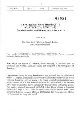 A New Species of Tonna Briinnich, 1772 (GASTROPODA: TONNIDAE) from Indonesian and Western Australian Waters