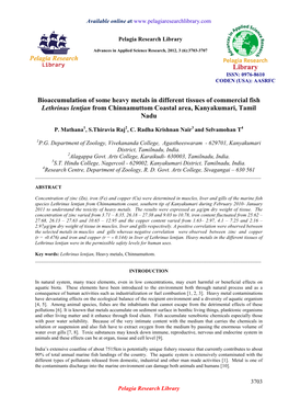 Bioaccumulation of Some Heavy Metals in Different Tissues of Commercial Fish Lethrinus Lentjan from Chinnamuttom Coastal Area, Kanyakumari, Tamil Nadu