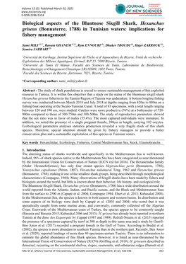 Biological Aspects of the Bluntnose Sixgill Shark, Hexanchus Griseus (Bonnaterre, 1788) in Tunisian Waters: Implications for Fishery Management