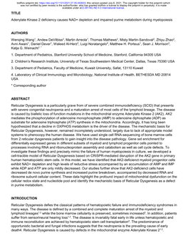 TITLE Adenylate Kinase 2 Deficiency Causes NAD+ Depletion and Impaired Purine Metabolism During Myelopoiesis