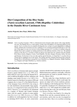 Diet Composition of the Dice Snake (Natrix Tessellata Laurenti, 1768) (Reptilia: Colubridae) in the Danube River Catchment Area