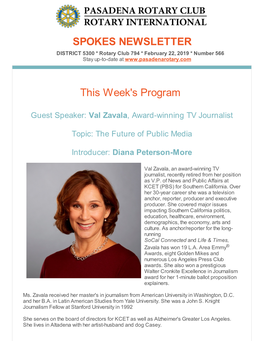 SPOKES NEWSLETTER This Week's Program