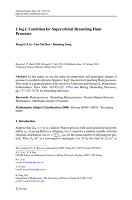 Llogl Condition for Supercritical Branching Hunt Processes