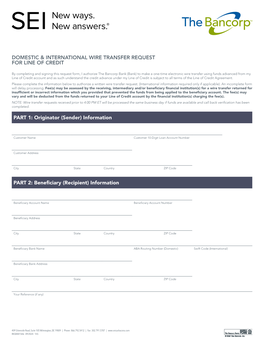 Domestic & International Wire Transfer Request for Line of Credit