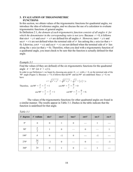 18 3. EVALUATION of TRIGONOMETRIC FUNCTIONS in This Section, We Obtain Values of the Trigonometric Functions for Quadrantal