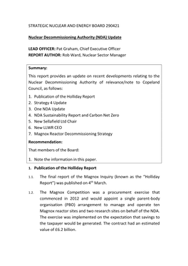 Nuclear Decommissioning Authority (NDA) Update