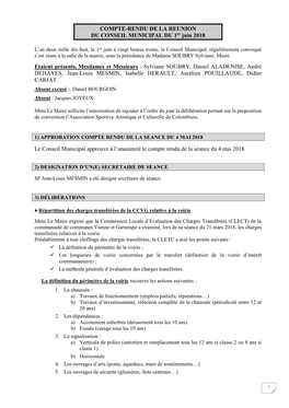 COMPTE-RENDU DE LA REUNION DU CONSEIL MUNICIPAL DU 1Er Juin 2018