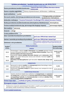 Sylabus Przedmiotu / Modułu Kształcenia Na Rok 2018/2019