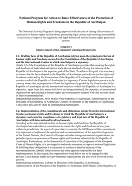 National Program for Action to Raise Effectiveness of the Protection of Human Rights and Freedoms in the Republic of Azerbaijan