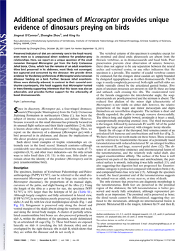 Additional Specimen of Microraptor Provides Unique Evidence of Dinosaurs Preying on Birds