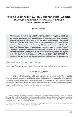 The Role of the Financial Sector in Enhancing Economic Growth in the Lao People’S Democratic Republic