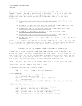 Cowman Index to Actuarial Literature 1889-1989 1