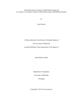 A Brief Descriptive Grammar of Pijal Media Lengua and an Acoustic Vowel Space Analysis of Pijal Media Lengua and Imbabura Quichua