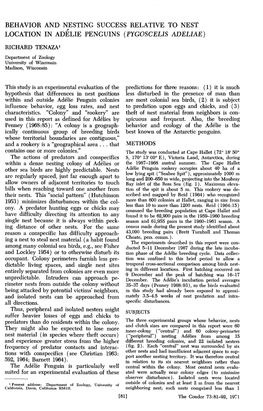 Behavior and Nesting Success Relative to Nest Location in Adslie Penguins (Pygoscelis Adeliae)