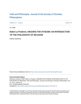 Robin Le Poidevin, ARGUING for ATHEISM: an INTRODUCTION to the PHILOSOPHY of RELIGION