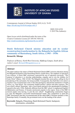 Dutch Reformed Church Mission Education and Its Secular