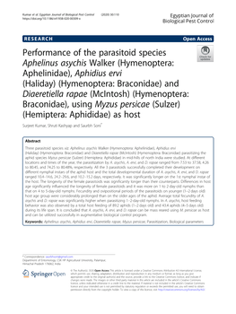 Performance of the Parasitoid Species Aphelinus Asychis Walker (Hymenoptera: Aphelinidae), Aphidius Ervi (Haliday) (Hymenoptera