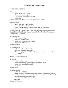 CONIFER WALK – BIOLOGY 210 A) CONIFER FAMILIES 1. Pinaceae