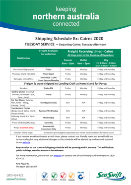 Shipping Schedule Ex: Cairns 2020