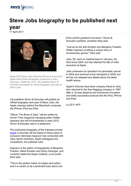 Steve Jobs Biography to Be Published Next Year 11 April 2011