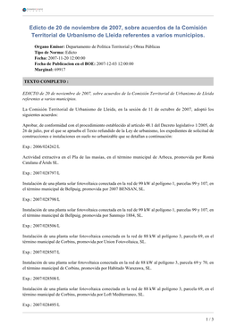 Edicto De 20 De Noviembre De 2007, Sobre Acuerdos De La Comisión Territorial De Urbanismo De Lleida Referentes a Varios Municipios
