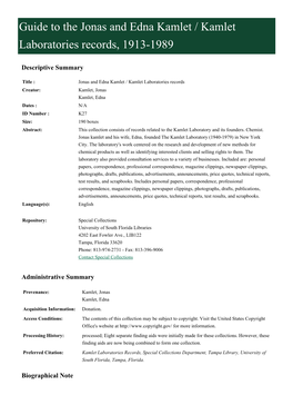 Guide to the Jonas and Edna Kamlet / Kamlet Laboratories Records, 1913-1989