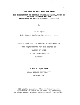 The Enforcement of Federal Fisheries Regulations in British Columbia and the Resistance of Native Fishers, 1894-1916