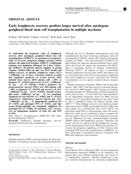 Early Lymphocyte Recovery Predicts Longer Survival After Autologous Peripheral Blood Stem Cell Transplantation in Multiple Myeloma