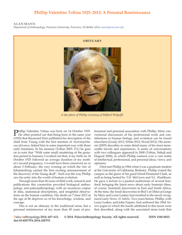 Phillip Valentine Tobias 1925–2012: a Personal Reminiscence