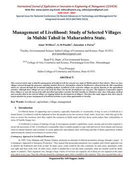Management of Livelihood: Study of Selected Villages in Mulshi Tahsil in Maharashtra State