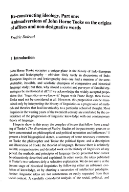 Re-Constructing Ideology, Part One: Animadversions of John Horne Tooke on the Origins of Affixes and Non-Designative Words