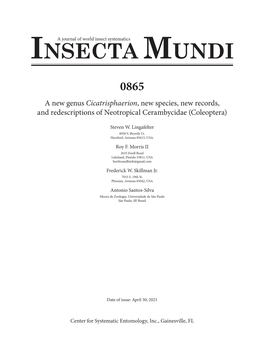 0865 a New Genus Cicatrisphaerion, New Species, New Records, Page Count: 20 and Redescriptions of Neotropical Cerambycidae (Coleoptera) Steven W